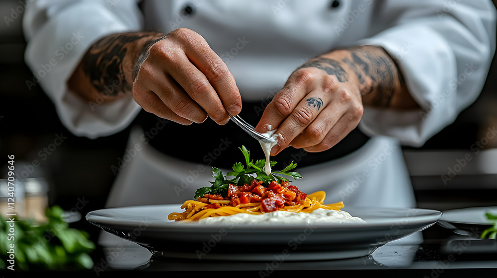 Chef Garnishing A Plate Of Pasta With Fresh Ingredients In A Modern Kitchen Setting Chef Garnishing A Plate Of Pasta With Fresh Ingredients In A Modern Kitchen Setting