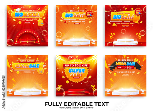 Collection of discount sale promo banner templates. Collection of flash sale, big sale, super sale, and mega sale promo discounts with podium, spotlights, and realistic abstract backgrounds.