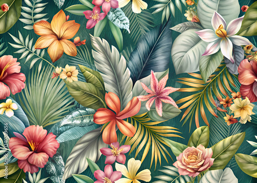 Wallpaper Mural Tropical Floral Pattern. Lush Green Leaves and Vibrant Flowers Torontodigital.ca
