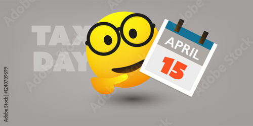 Tax Day Reminder Concept Design, Vector Template with Happy Smiling Emoji Showing a Calendar Page - Day of USA Tax Deadline, Due Date for IRS Federal Income Tax Returns: Tuesday 15th April, Year 2025