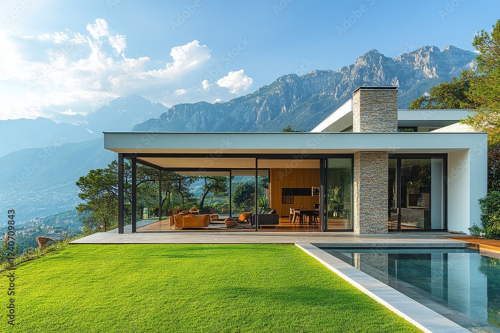 Modern Mountain Home: Panoramic Views from Inside Out Featuring Pool and Green Lawn
Modern Mountain Home: Panoramic Views from Inside Out Featuring Pool and Green Lawn