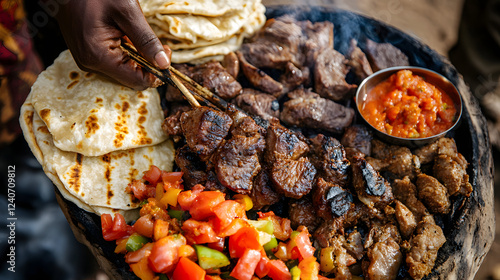 A Kenyan nyama choma with grilled meat, chapati, and kachumbari, symbolizing the role of communal grilling and social gatherings in Kenyan food culture and family celebrations. photo