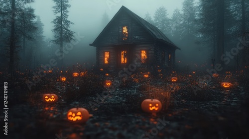 Foggy forest Halloween cabin, pumpkins, spooky scene