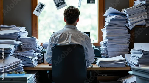 employee surrounded by piles of paperwork or staring at a computer screen, embodying the stress of work overload