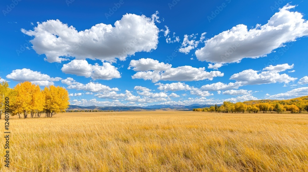 Golden autumn meadow, blue sky, clouds, mountains. Fall landscape for travel brochures Golden autumn meadow, blue sky, clouds, mountains. Fall landscape for travel brochures