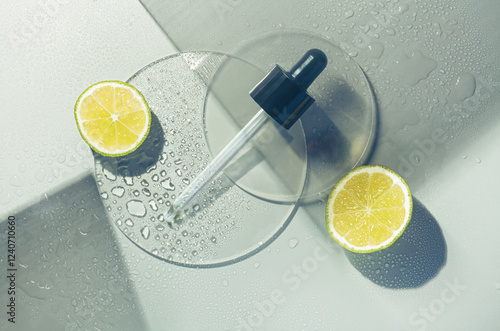 Billede på lærred Aha citric acid or vitamin c cosmetic product with dropper on yellow background