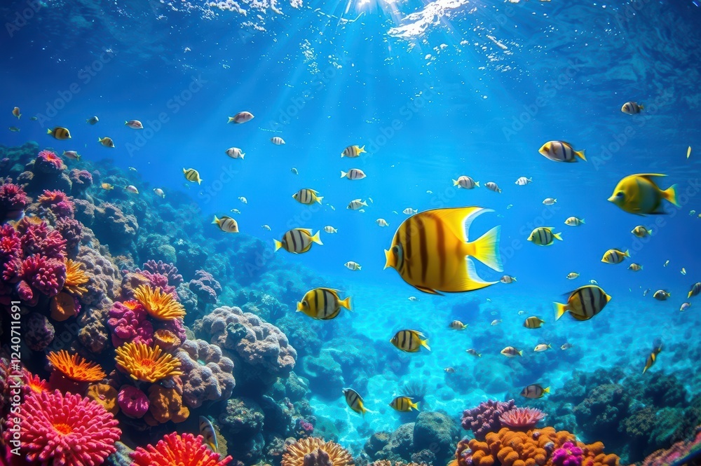 Naklejka premium Vibrant Coral Reef Scene with Tropical Fish Underwater