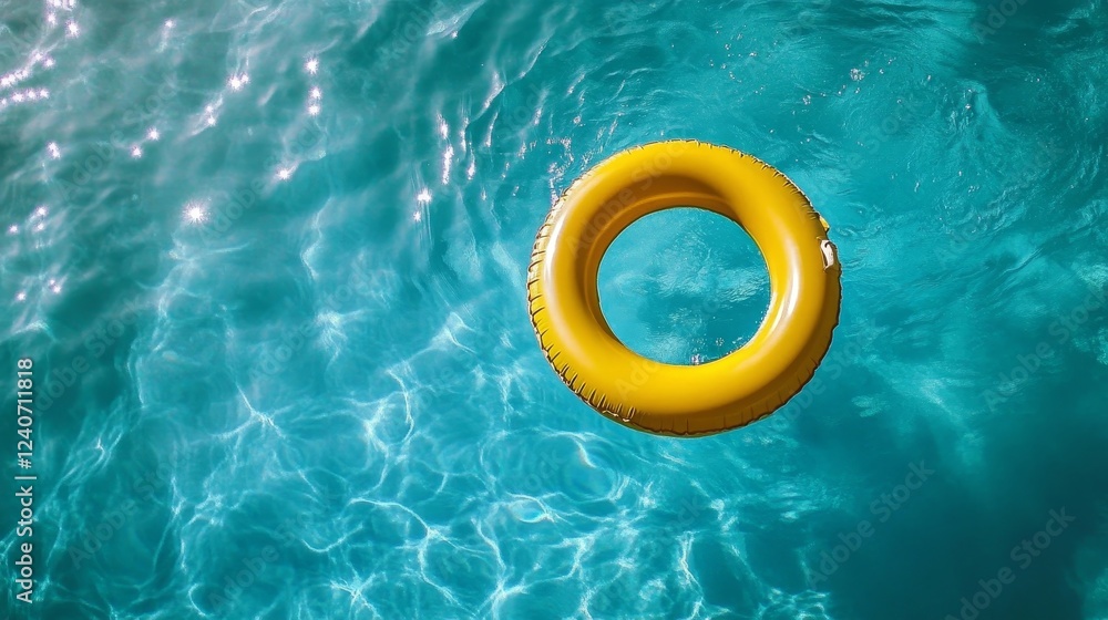 Yellow Inflatable Ring Floating in a Sparkling Blue Swimming Pool, Summer Fun and Recreation Yellow Inflatable Ring Floating in a Sparkling Blue Swimming Pool, Summer Fun and Recreation