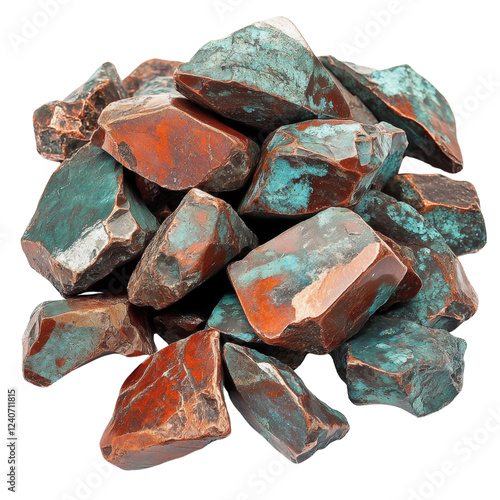 A close-up image shows a pile of rough copper ore rocks exhibiting a combination of reddish-brown and teal-green colors. photo