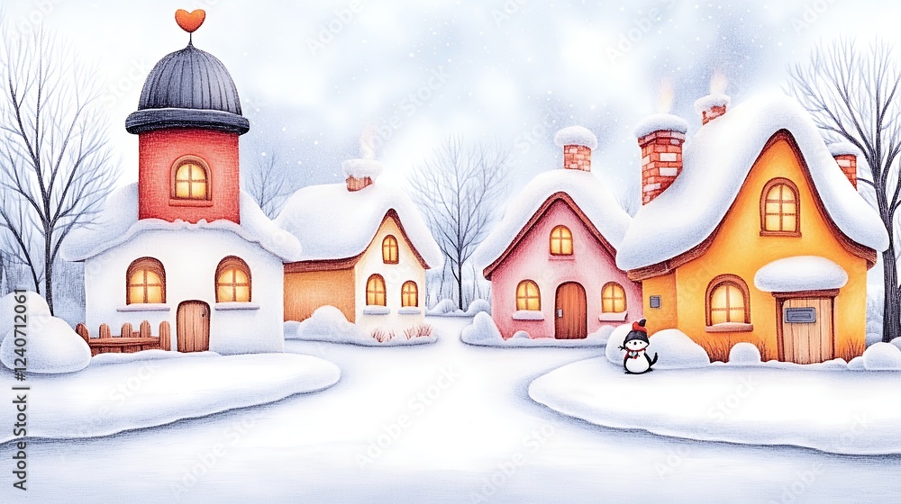 Charming Snow Covered Village With Colorful Houses And Warm Lights Charming Snow Covered Village With Colorful Houses And Warm Lights