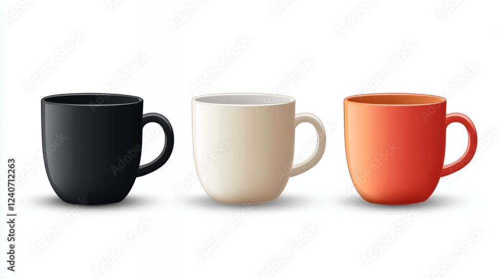 Three mugs, colors, white background, isolated, design Three mugs, colors, white background, isolated, design