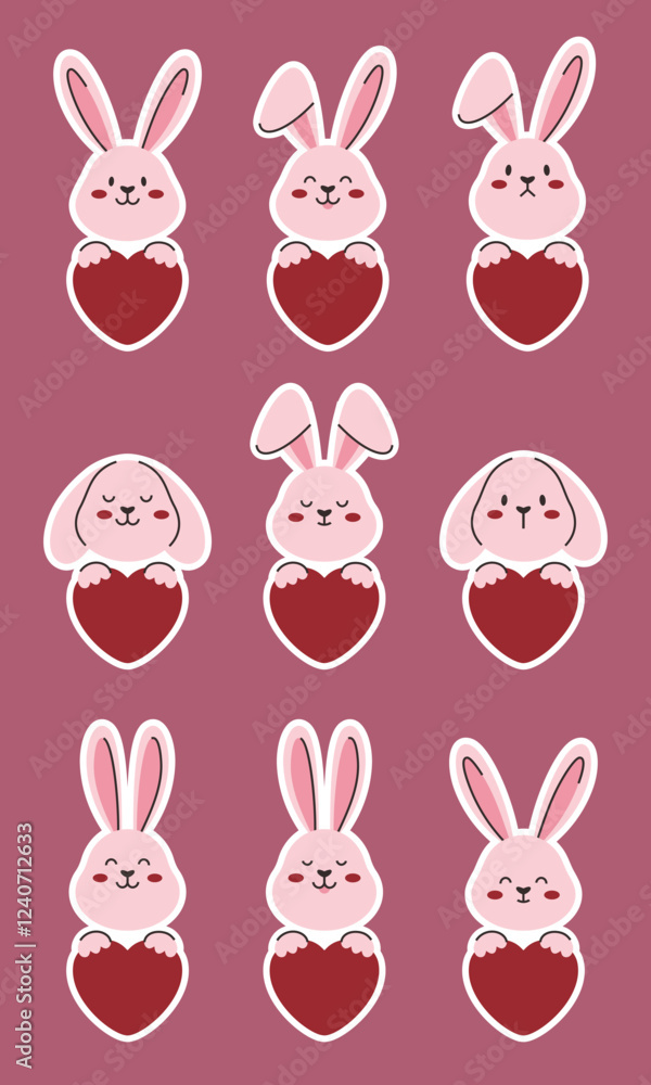 Cute pink bunny faces with different emotions and ear positions. Rabbits holding red hearts in their paws sticker set. Cute pink bunny faces with different emotions and ear positions. Rabbits holding red hearts in their paws sticker set.