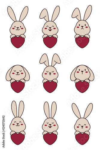 Cute  bunnies with red hearts set. Faces of bunnies with different emotions.