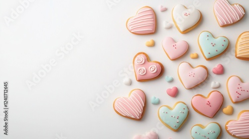 Colorful heart-shaped cookies with icing in soft pastel shades, arranged playfully on a light background, perfect for celebrations.