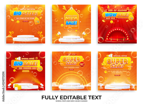 Collection of discount sale promo banner templates. Collection of flash sale, big sale, super sale, and mega sale promo discounts with podium, spotlights, and realistic abstract backgrounds.
