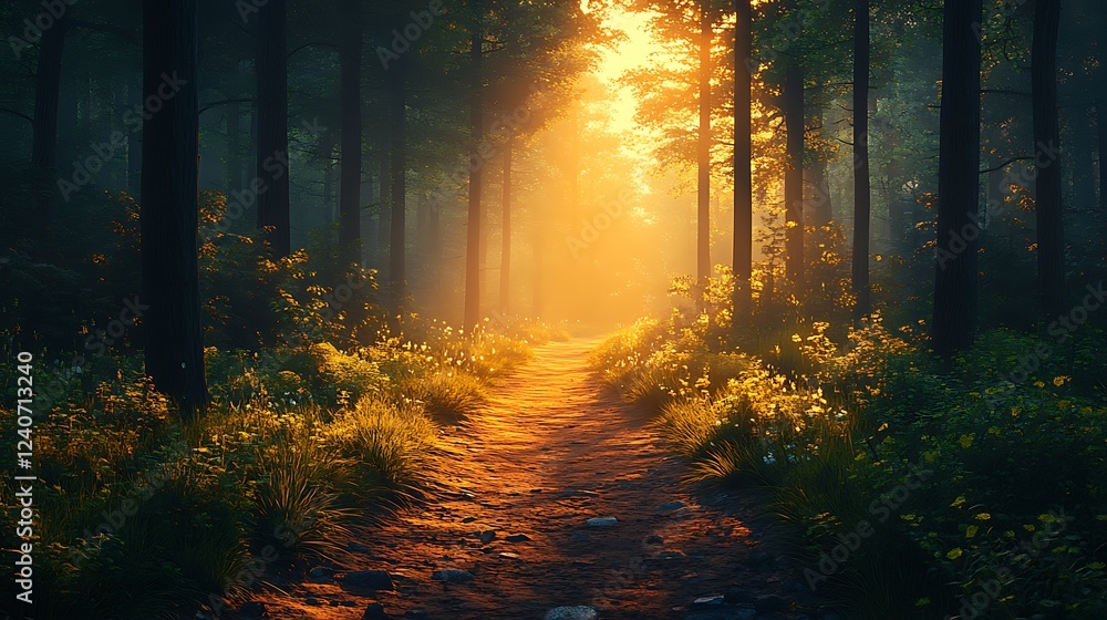 A quiet path winding through a lush forest, with light filtering through the trees and casting long, soft shadows across the ground. A quiet path winding through a lush forest, with light filtering through the trees and casting long, soft shadows across the ground.
