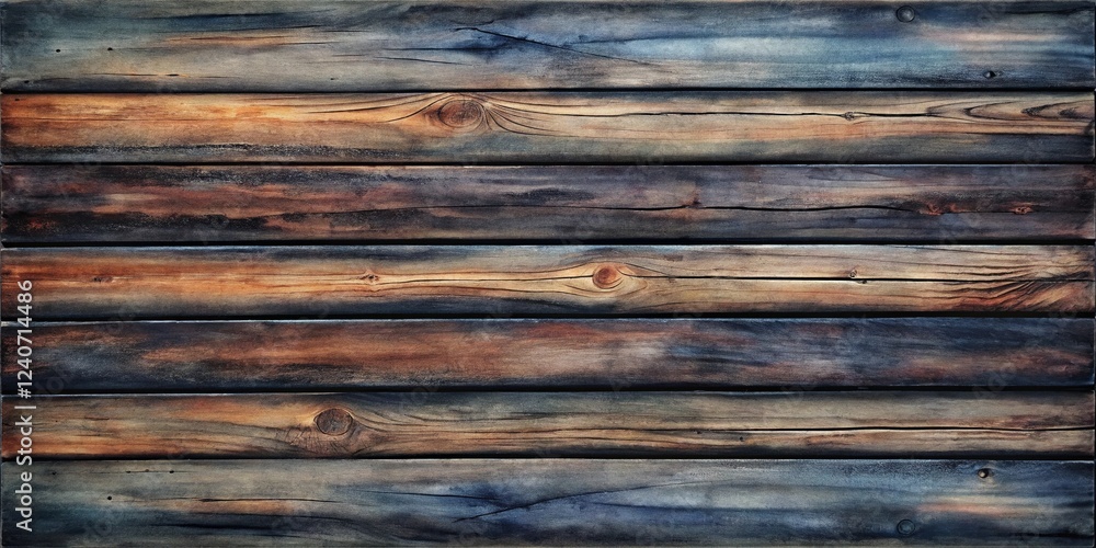 Obraz premium Rustic Weathered Wooden Planks: A close-up shot of rustic weathered wooden planks, displaying a rich palette of brown, blue, and grey hues, ideal for adding texture and depth to your design projects.