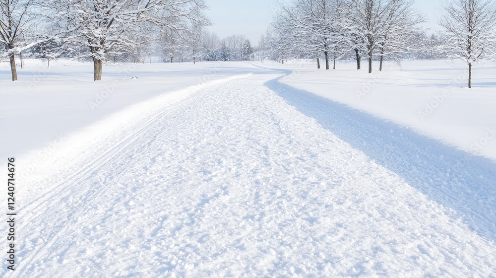 Snowy park trail, winter scene, cross-country skiing path Snowy park trail, winter scene, cross-country skiing path