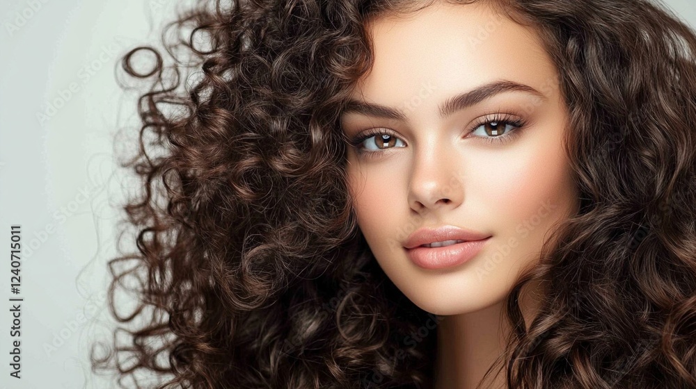 Close-up beauty portrait showcasing natural glowing makeup and voluminous dark curly hair against light background, demonstrating professional cosmetic and hairstyling techniques. Close-up beauty portrait showcasing natural glowing makeup and voluminous dark curly hair against light background, demonstrating professional cosmetic and hairstyling techniques.