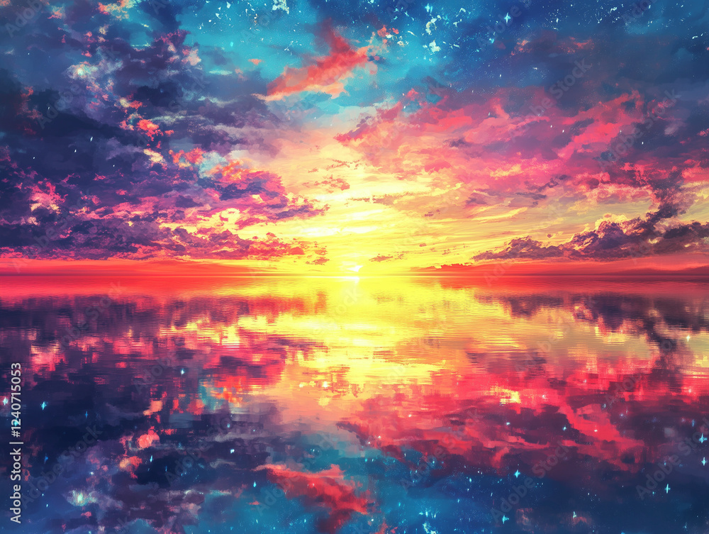 Fototapeta premium stunning sunrise illuminates sky with vibrant colors, reflecting beautifully on endless ocean, showcasing harmonious connection between celestial and terrestrial realms.