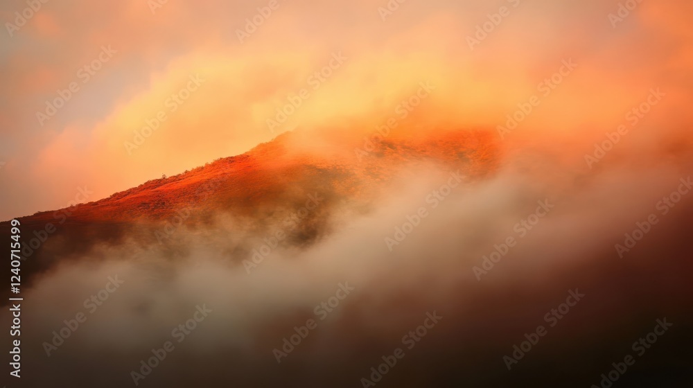 Serene Mountain Landscape with Mist and Warm Sunset Glow Serene Mountain Landscape with Mist and Warm Sunset Glow