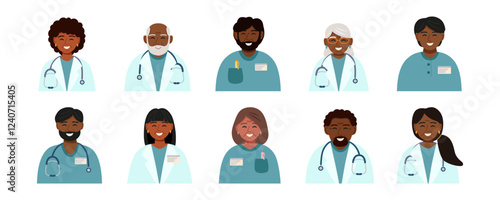 Set of doctors avatars. Concept of medicine, healthcare, clinic, teamwork. Vector hand drawn cliparts.