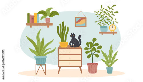 Room interior background with houseplants. Living room with furniture, greenery and cat. Vector flat illustration.	