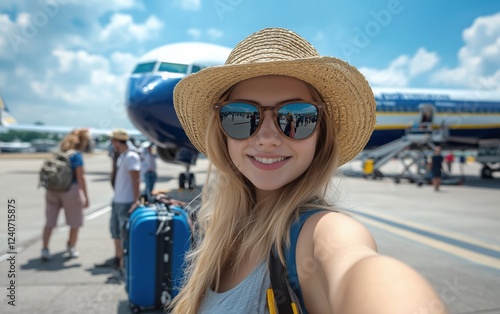 Summer Vacation Bliss A traveler stands at the airport, fully prepared for an exciting adventure under the warm sun, filled with joy and anticipation for new destinations and exploration ahead photo