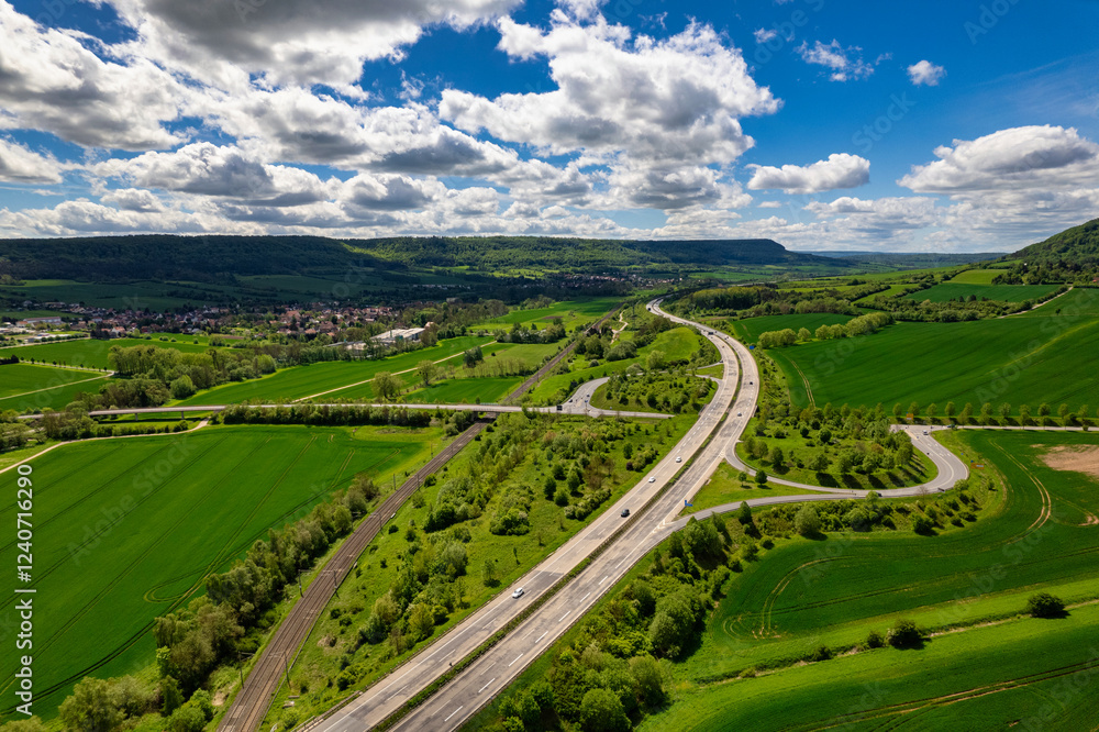Top view of cars driving on higwai. Aerial view of road in Germany