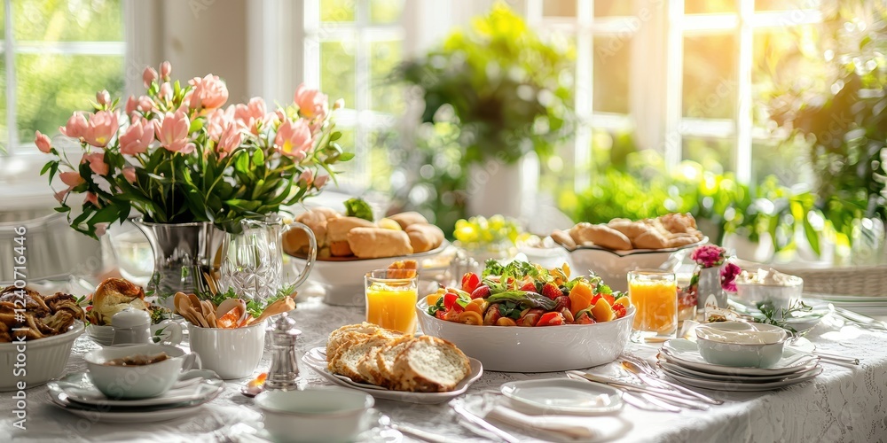 Elegant Brunch Table Displaying Pastries and Fresh Fruits in a Sunny Setting Elegant Brunch Table Displaying Pastries and Fresh Fruits in a Sunny Setting