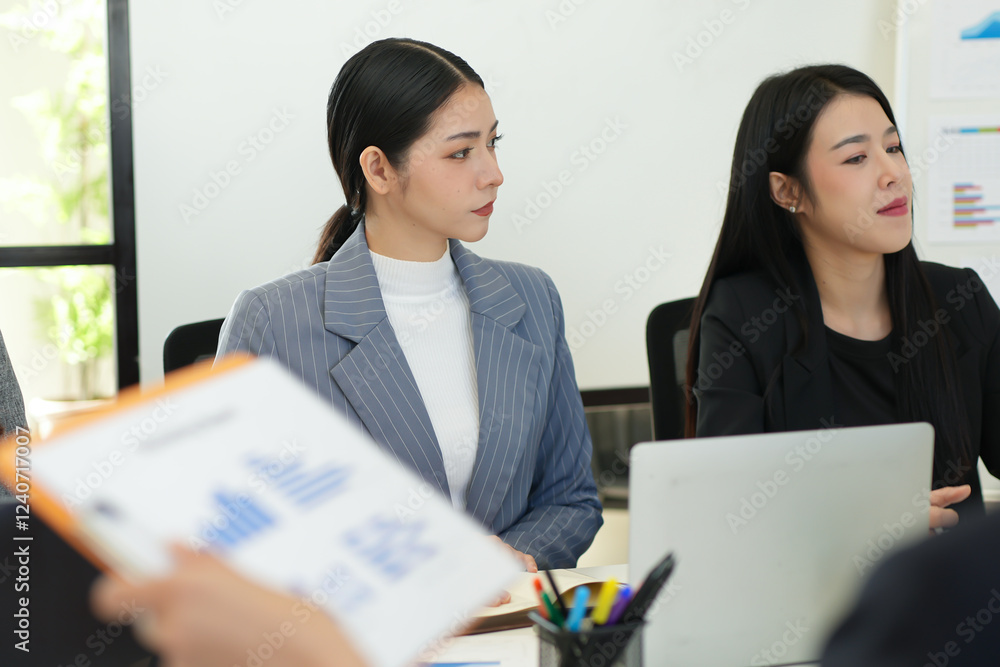 Business team brainstorming for planning strategies, laptop meeting with collaboration to present group project in office.