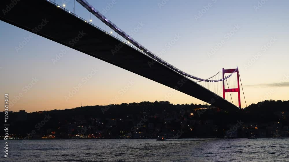 Evening view of Bosphorus Strait, FSM Bridge, waves and city silhouette. Evening view of Bosphorus Strait, FSM Bridge, waves and city silhouette.