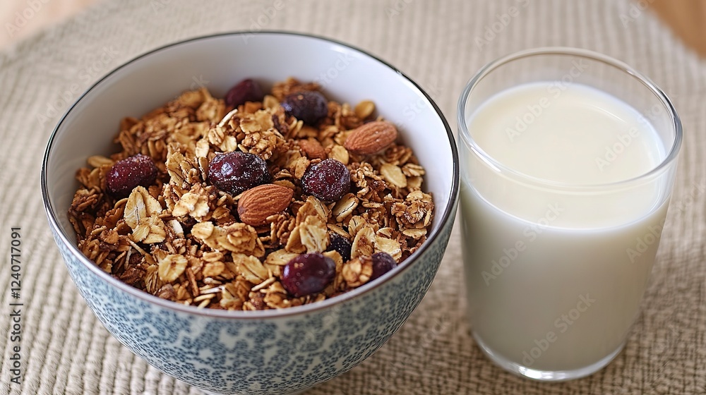 Delicious granola with almonds and dried fruit served alongside almond milk in a cozy setting Delicious granola with almonds and dried fruit served alongside almond milk in a cozy setting
