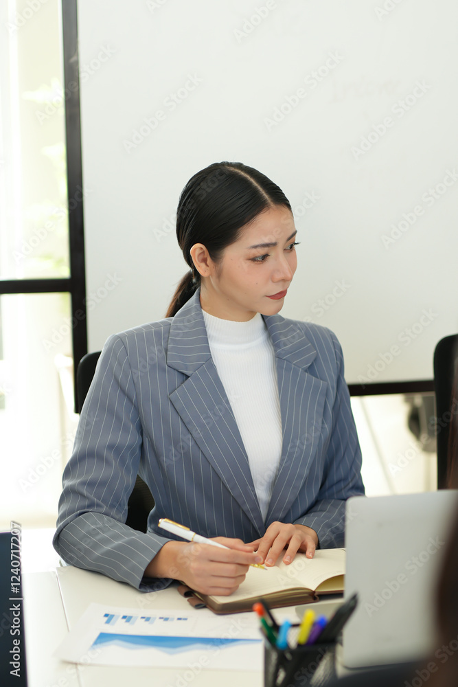 Business team brainstorming for planning strategies, laptop meeting with collaboration to present group project in office.