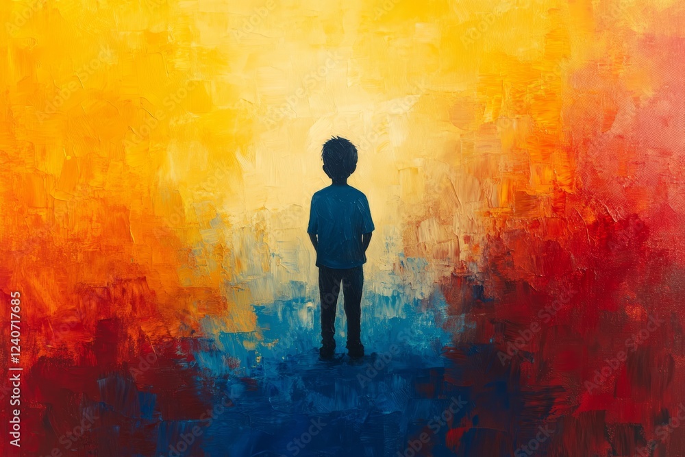 A Child Stands Silhouetted Against A Vibrant, Textured Background, Symbolizing Hope, Resilience, Or The Unknown Future. A Child Stands Silhouetted Against A Vibrant, Textured Background, Symbolizing Hope, Resilience, Or The Unknown Future.