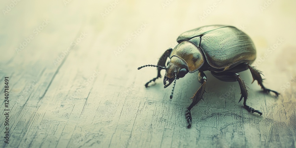 Naklejka premium Metallic Green Beetle Resting on Textured Wooden Surface