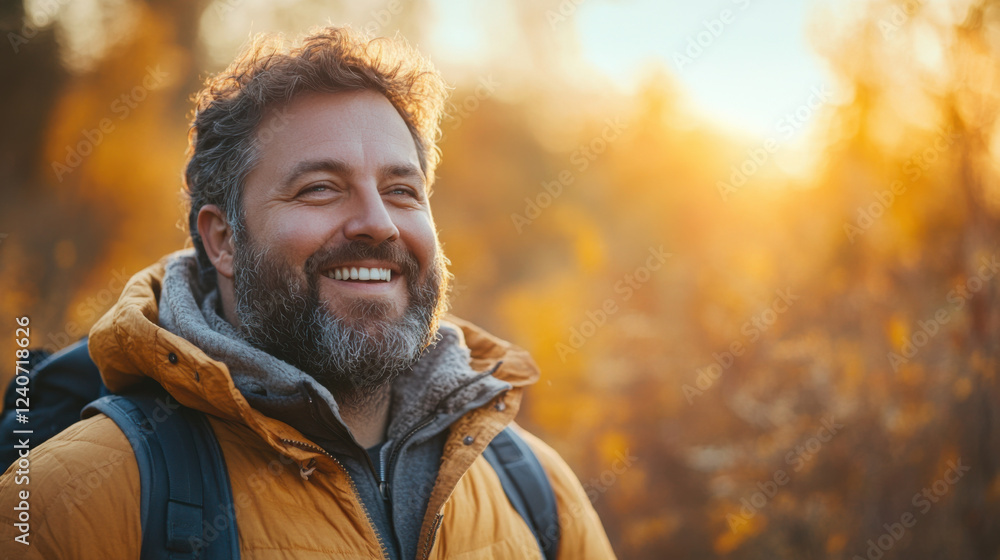 Smiling overweight man in yellow jacket enjoys sunny autumn day outdoors Smiling overweight man in yellow jacket enjoys sunny autumn day outdoors