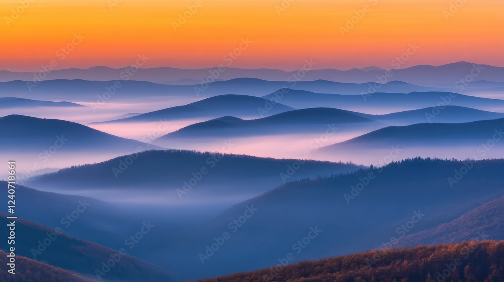 Serene Sunrise Over Layered Mountains and Misty Valleys at Dawn Serene Sunrise Over Layered Mountains and Misty Valleys at Dawn
