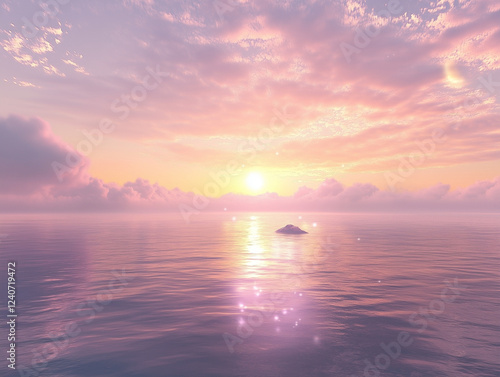 stunning sunrise creates a magical connection between vast ocean and celestial sky, as a beautiful array of pastel colors paints a mesmerizing picture in early morning mist photo