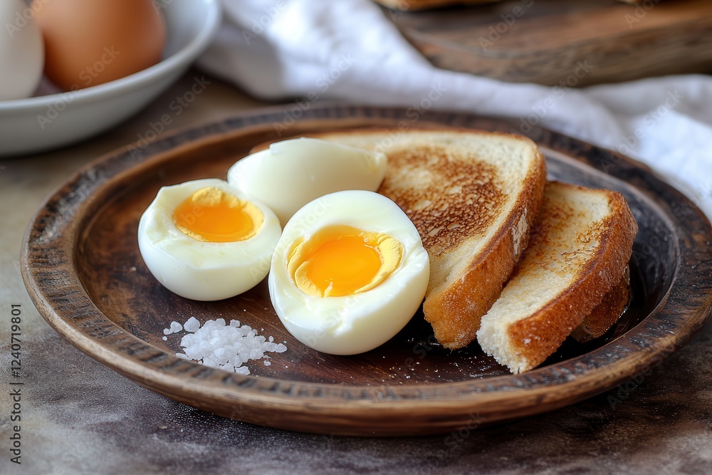 Delicious breakfast setup featuring boiled eggs with salt and toasted bread on a rustic wooden plate. Generative AI Delicious breakfast setup featuring boiled eggs with salt and toasted bread on a rustic wooden plate. Generative AI