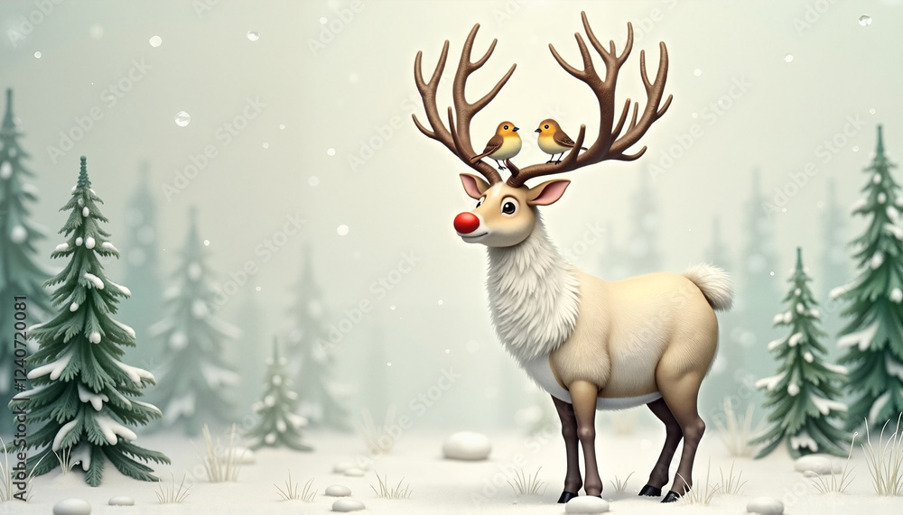 Festive reindeer with red nose and birds in snowy winter forest Festive reindeer with red nose and birds in snowy winter forest