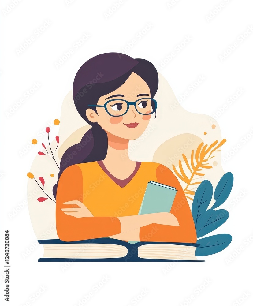 Thoughtful Young Woman with Books and Plants in Colorful Illustration Thoughtful Young Woman with Books and Plants in Colorful Illustration