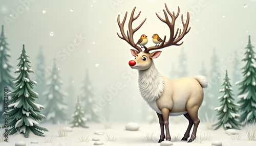 Festive reindeer with red nose and birds in snowy winter forest