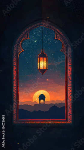 Sunset Behind Mosque Silhouette with Lantern and Crescent