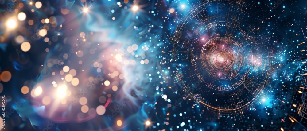 Fototapeta premium Abstract background with space elements and light effects, suitable for scientific publications, futuristic projects, space book covers.