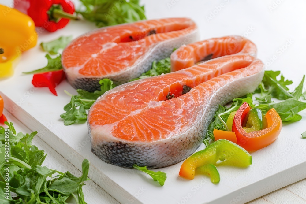 Minimalist arrangement of vibrant bell peppers and fresh greens with exquisite raw salmon steaks on a cutting board. Generative AI Minimalist arrangement of vibrant bell peppers and fresh greens with exquisite raw salmon steaks on a cutting board. Generative AI