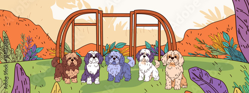 Shih Tzu dogs colorful landscape playground setting five cute dogs standing vibrant foliage hills playful scene cartoon style