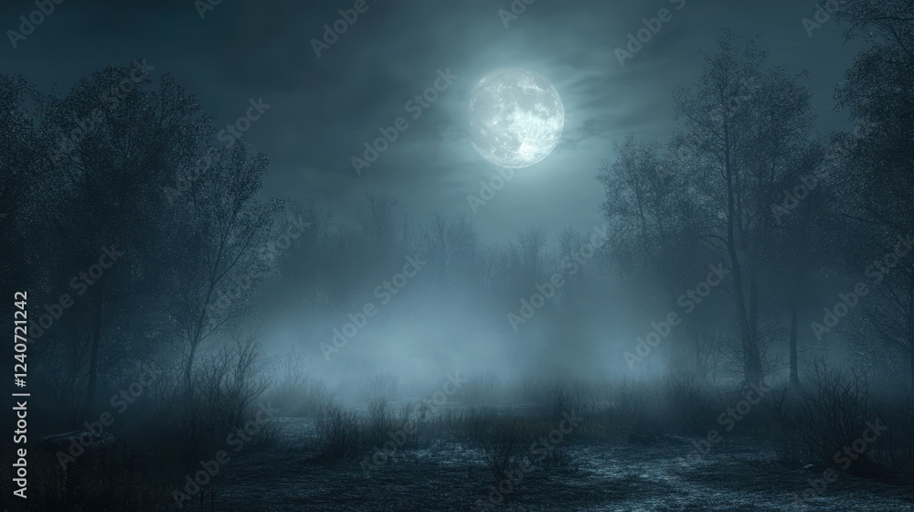 Misty Forest at Night Under Full Moon Misty Forest at Night Under Full Moon