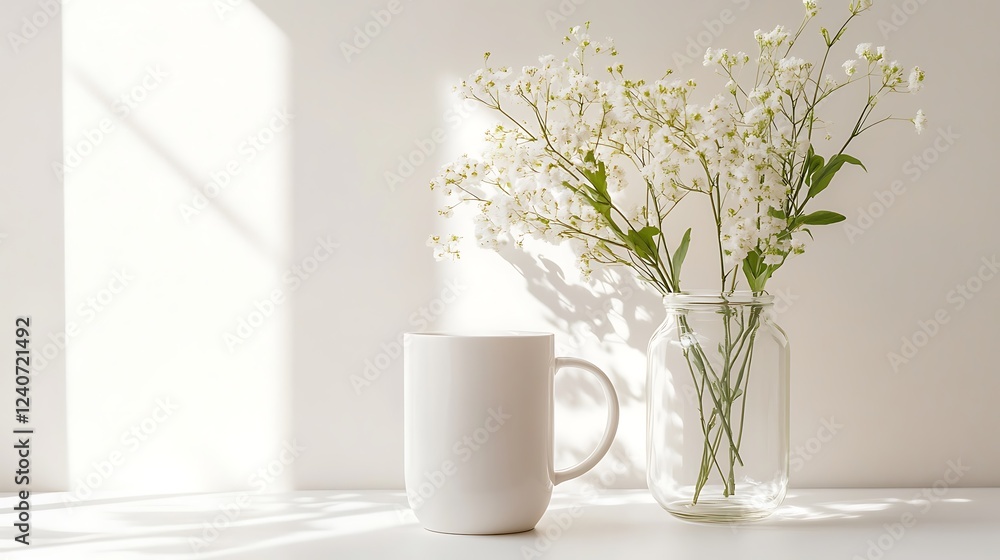 White mug and flowers in sunlight. White mug and flowers in sunlight.