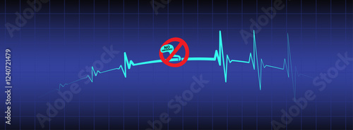 Bleu medical monitor background, creative no smoking sign concept with ekg ecg heart monitor design. Smoking causes heart disease, medical disorder warning, smoke addiction vector illustration. 